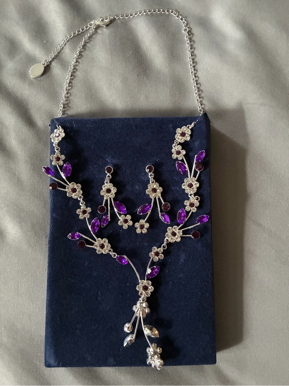 Silver Floral Necklace and Earring Set with Purple Stones